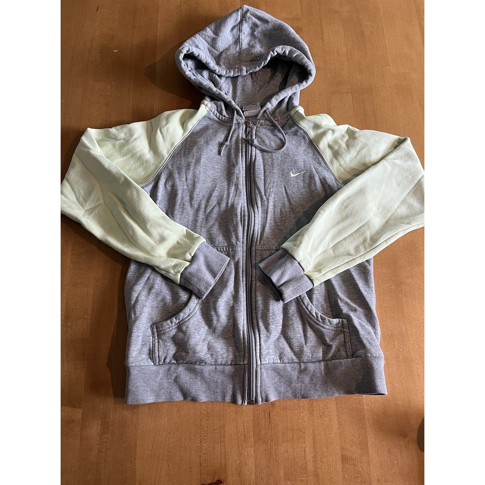 Nike Hoodie Womens Medium Gray Green Colorblock Fleece Full Zip Swoosh Raglan